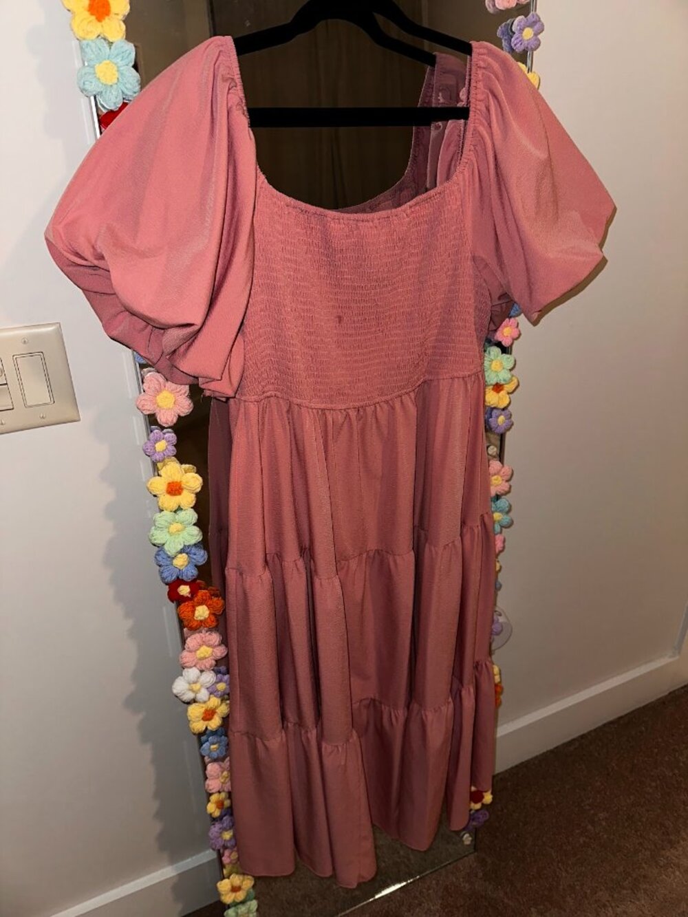 SHEIN Curve Dusty Rose Smocked Puff Sleeve Tiered Maxi Dress 2XL